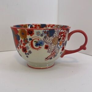 Anthropologie Monogram C Orange & Blue Floral Footed Pedestal Coffee Mug Tea Cup